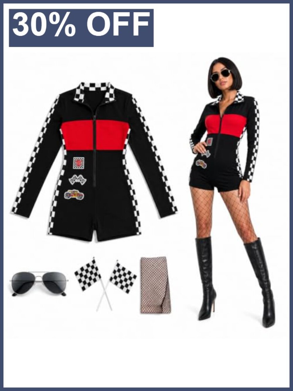 Women's Race Car Driver Costume with Jumpsuit, Flag, Sunglasses